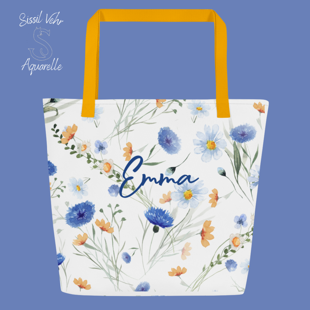 Sac de Plage Personnalisé  |Tote bag large | fleurs et bleuets |Polyester