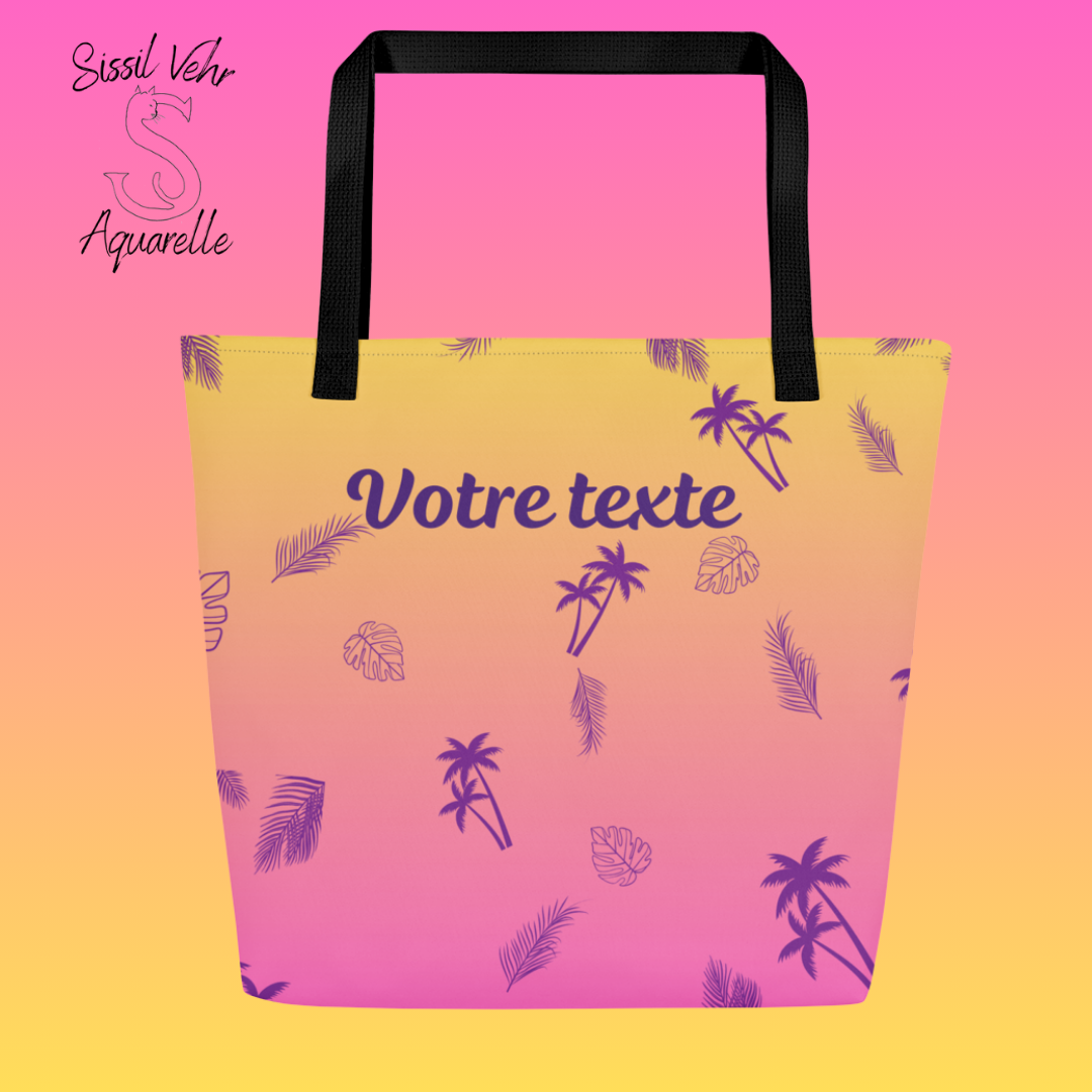 Sac de Plage / Tote Bag Personnalisé - Imprimé Tropical avec Texte au Choix - 1 ou 2 Faces