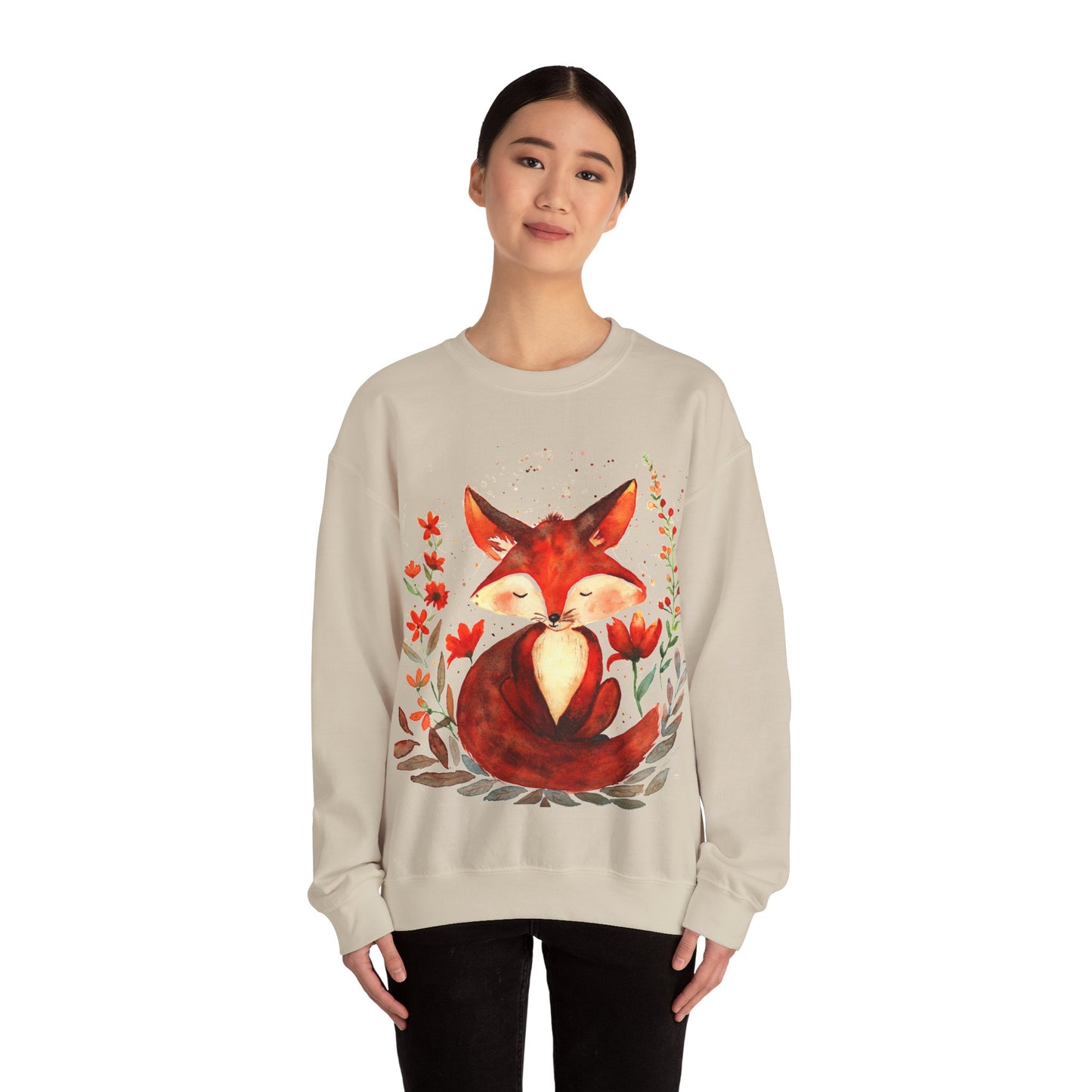 Pretty hand-painted fox and flowers Customizable sweatshirt: Unisex comfort clothing