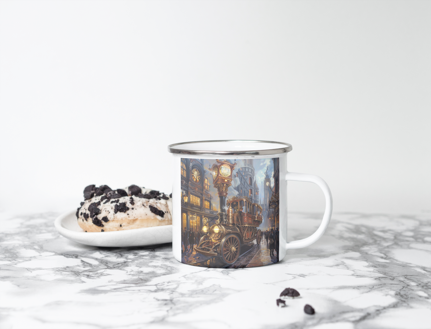 mug camping steampunk avec un véhicule steampunk  et des motifs victoriennes dans les rues de londres  à l époque victorienne. Personnalisable