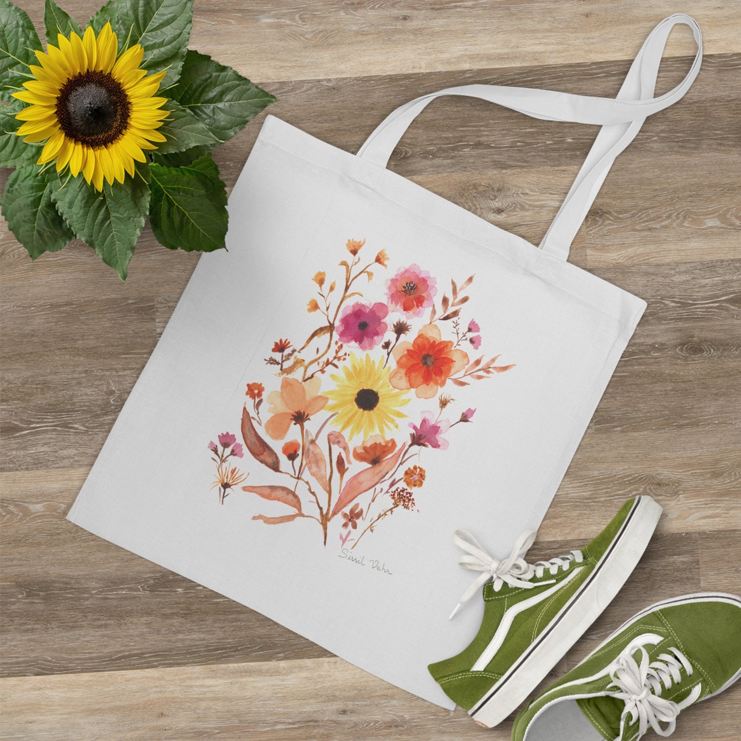 Tote Bag Sac 100% coton  :  Aquarelle Bouquet de fleurs