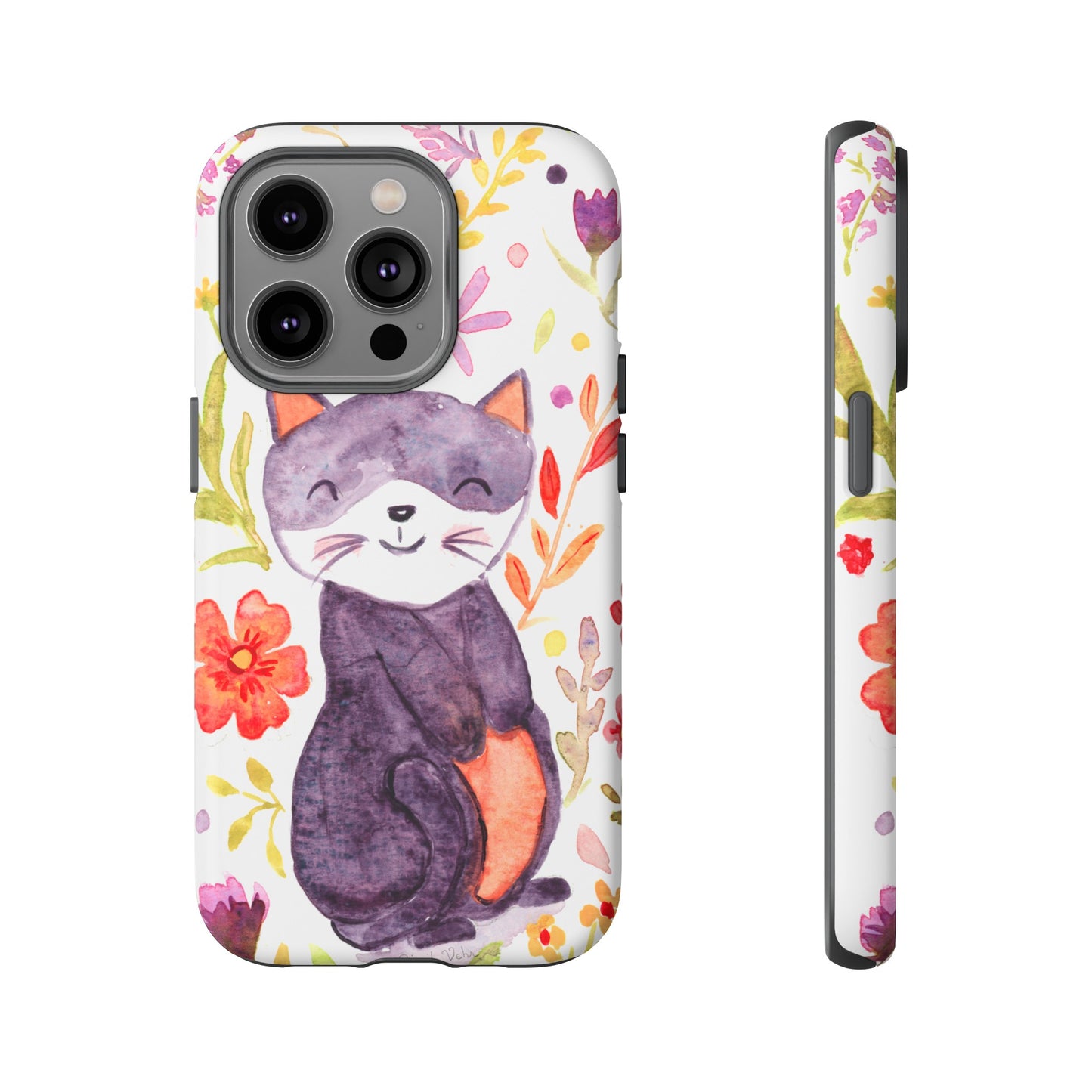 Robust and shock-resistant phone case Watercolor: Floral cat