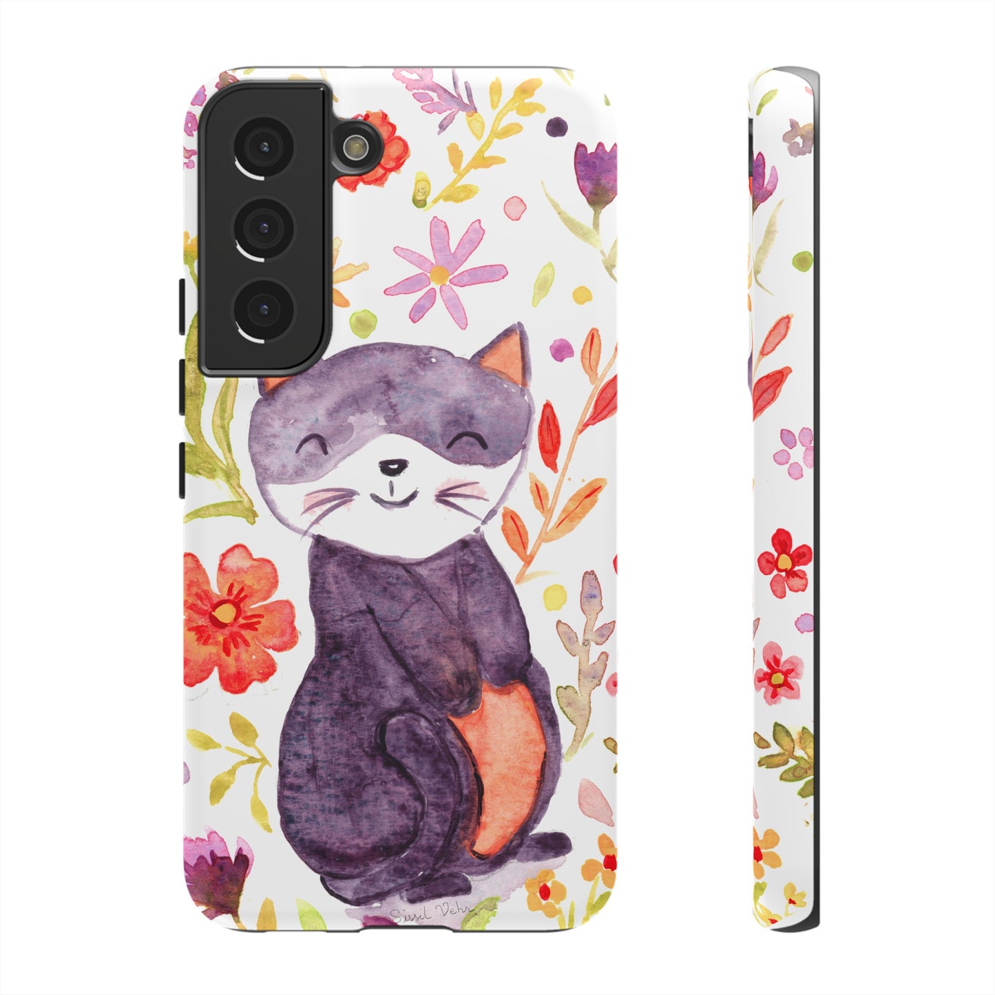 Robust and shock-resistant phone case Watercolor: Floral cat