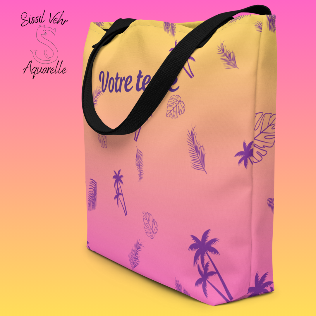 Sac de Plage / Tote Bag Personnalisé - Imprimé Tropical avec Texte au Choix - 1 ou 2 Faces