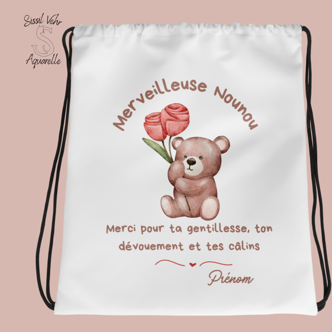 Sac à cordon Nounou Personnalisable/ merveilleuse nounou/ cadeau nounou Petit ourson /Pochon nounou personnalisé/cadeau nounou