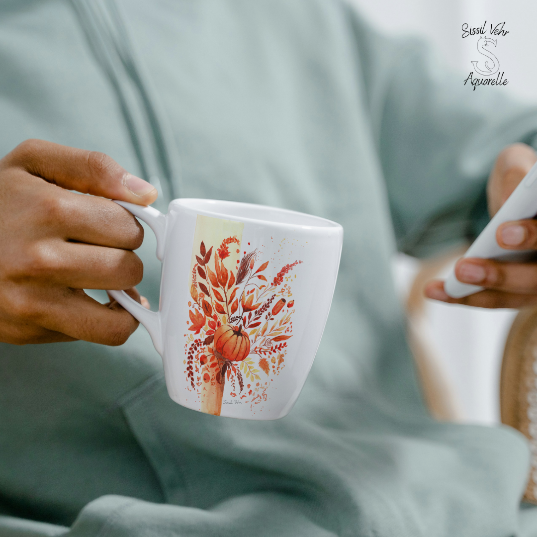 Mug en céramique personnalisable - Collection Automne Aquarelle Citrouille et Fleurs | Cadeau d'automne parfait