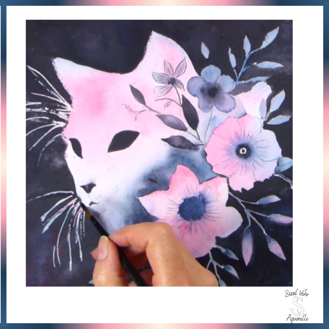 Cours aquarelle pas à pas Aquarelle - Chat floral | Vidéo et PDF Personnalisés et téléchargeables