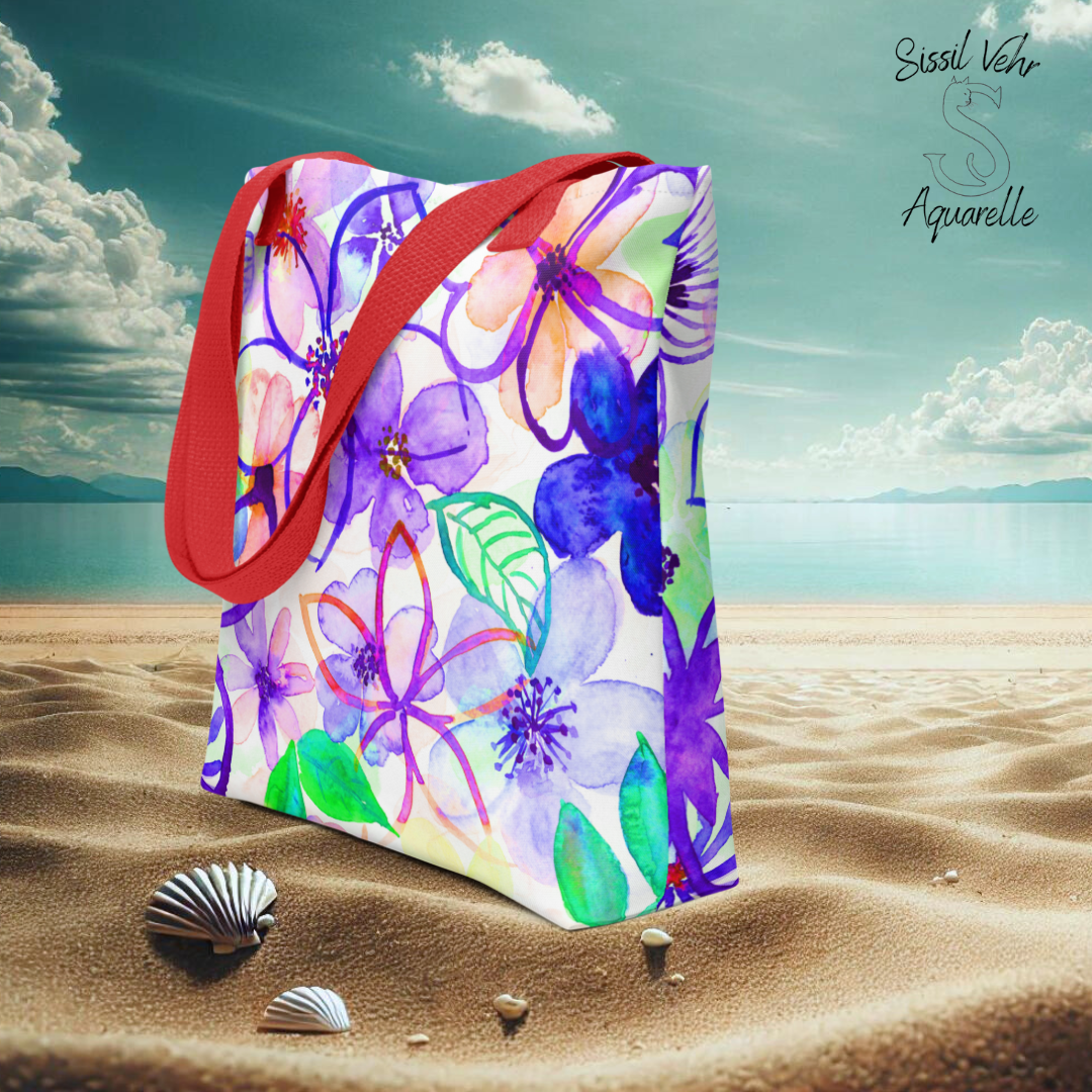 Sac de plage personnalisé /tote bag large,  en polyester - Décor fleurs peintes à l'aquarelle palette violet - rose