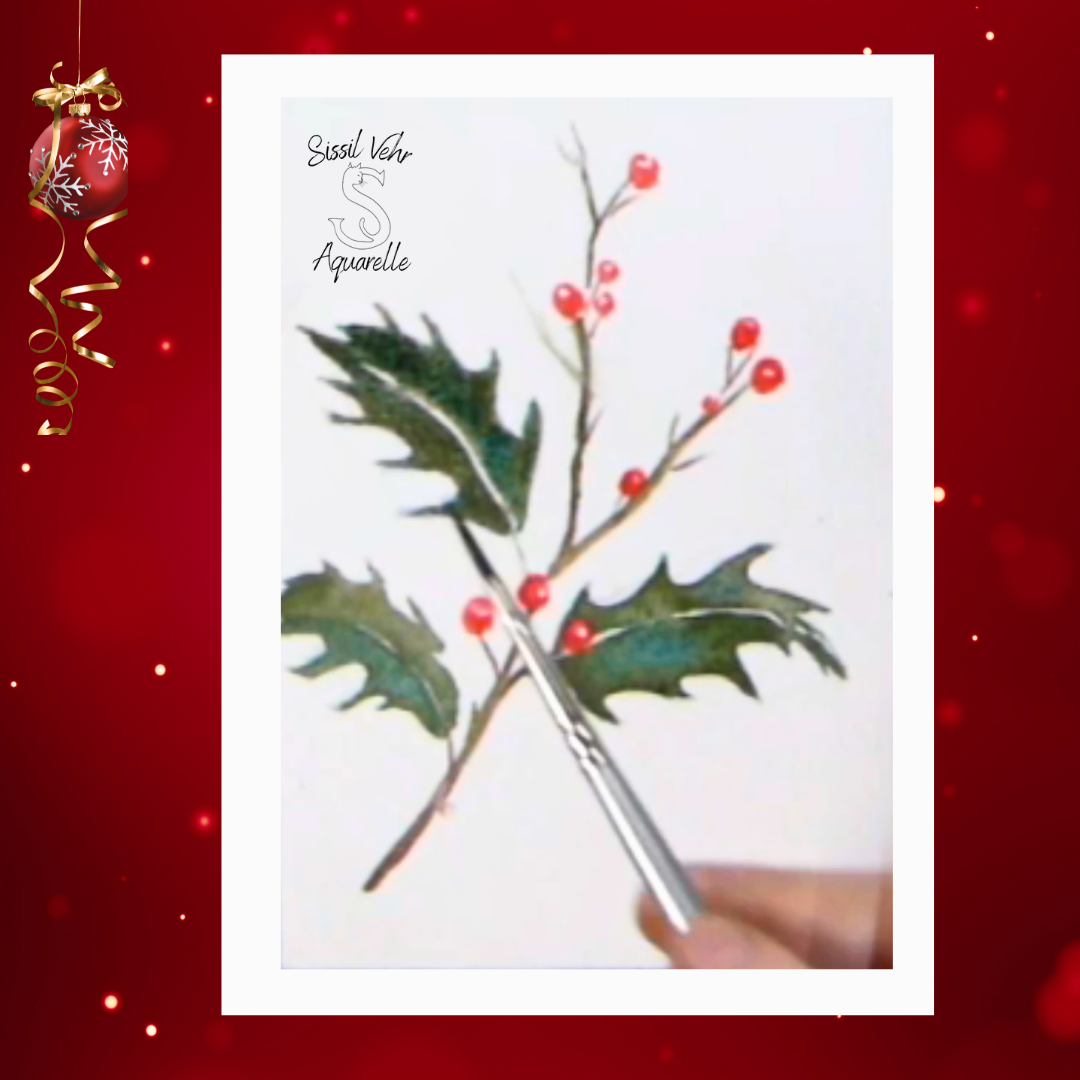 Main de l'artiste Sissil Vehr peignant à l'aquarelle une feuille de houx, étape du cours vidéo pour carte de Noël.