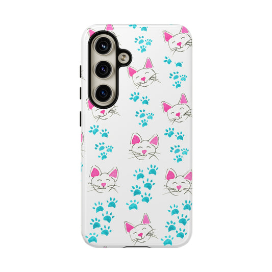 Robust and shock-resistant phone case: Watercolor cat heads and footprints