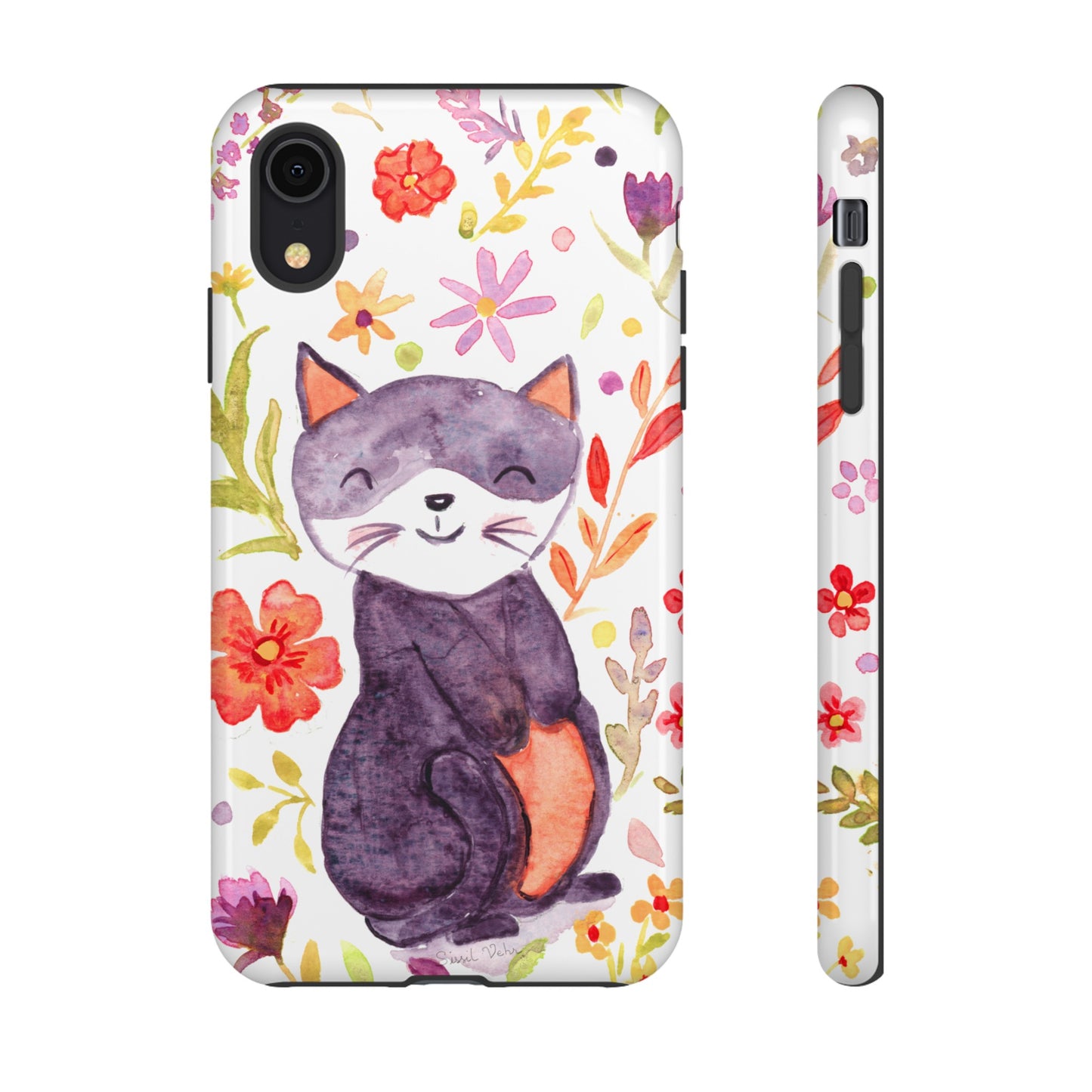 Robust and shock-resistant phone case Watercolor: Floral cat