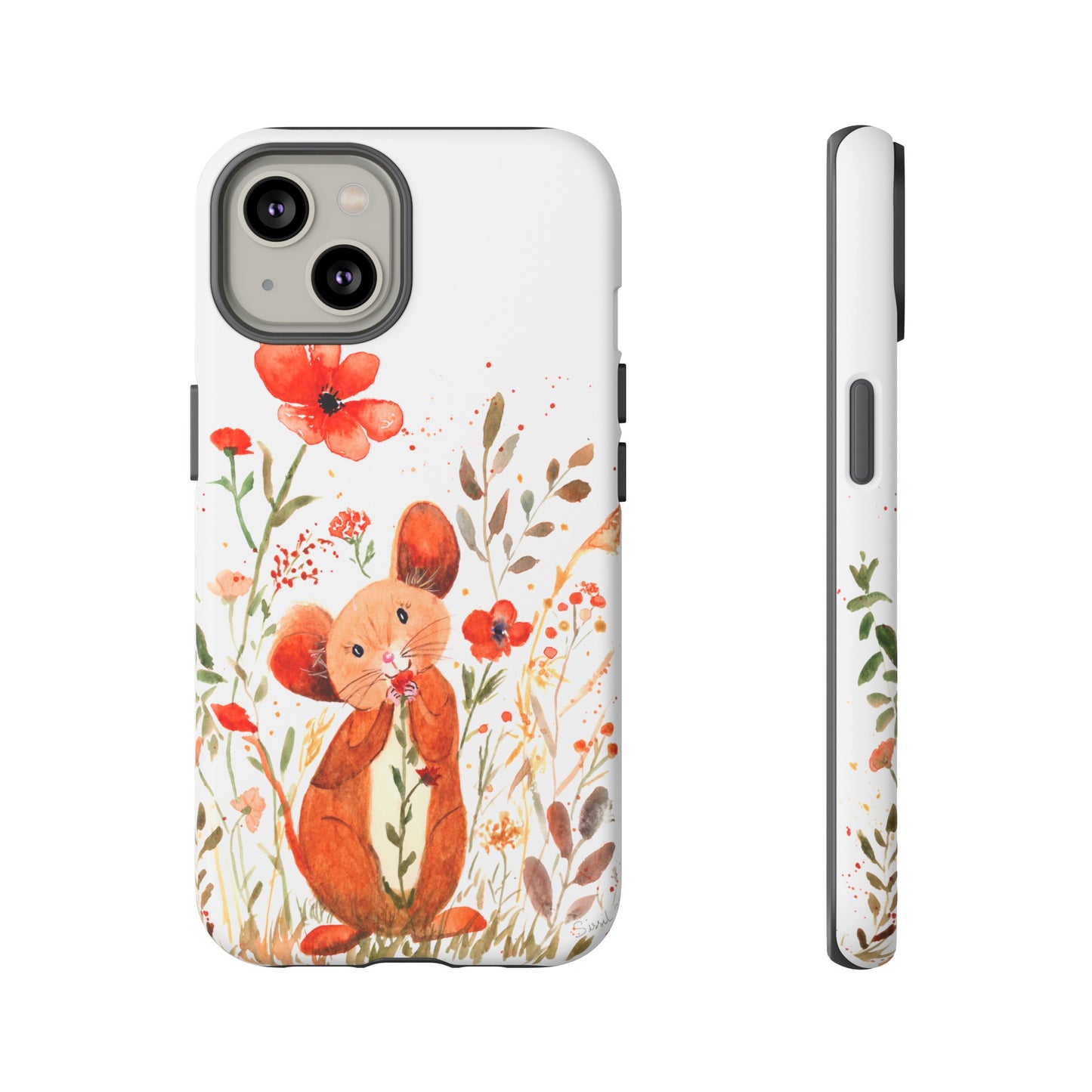 Coque téléphone robuste et résistante aux chocs  : Petite souris au milieu de fleurs