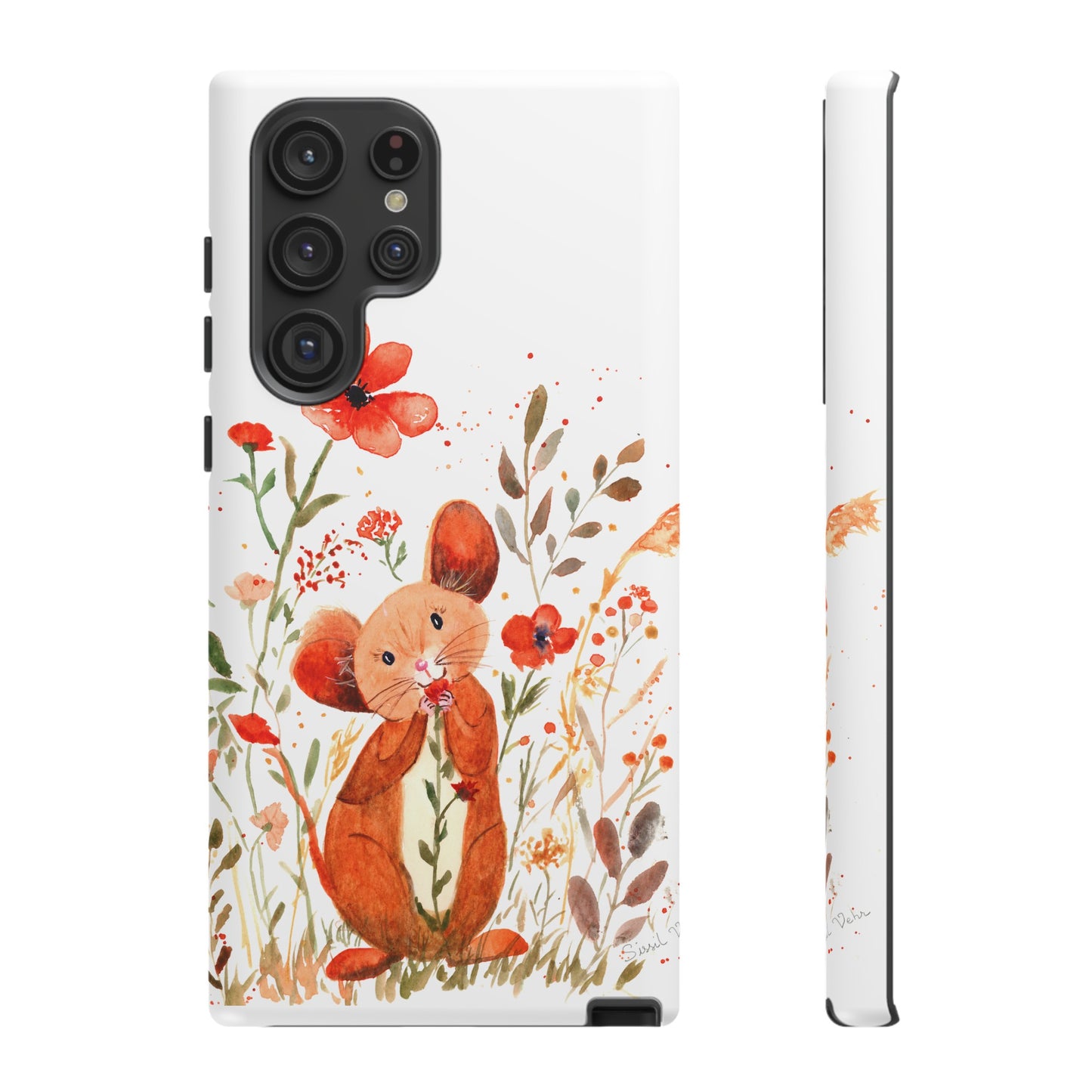 Coque téléphone robuste et résistante aux chocs  : Petite souris au milieu de fleurs