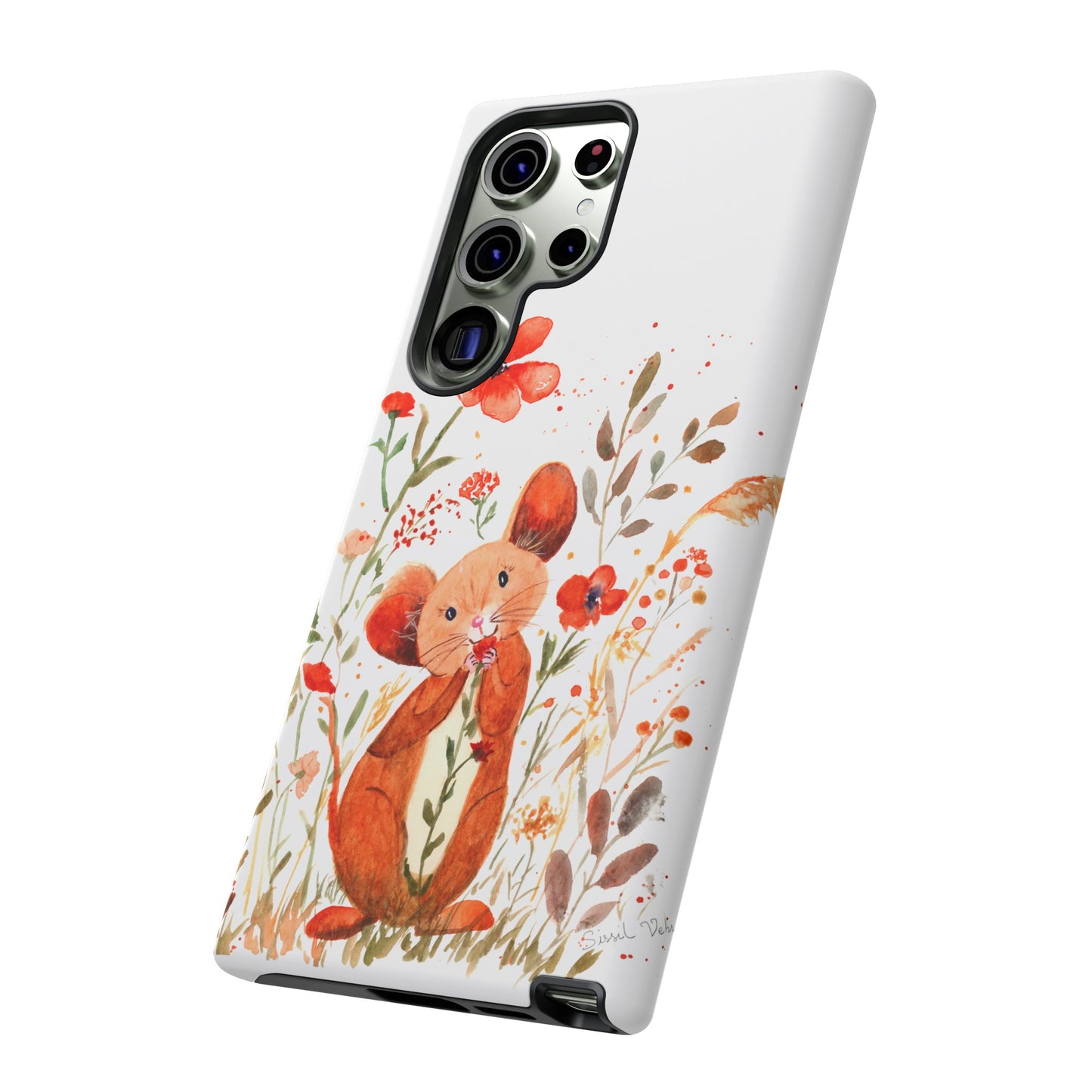 Coque téléphone robuste et résistante aux chocs  : Petite souris au milieu de fleurs