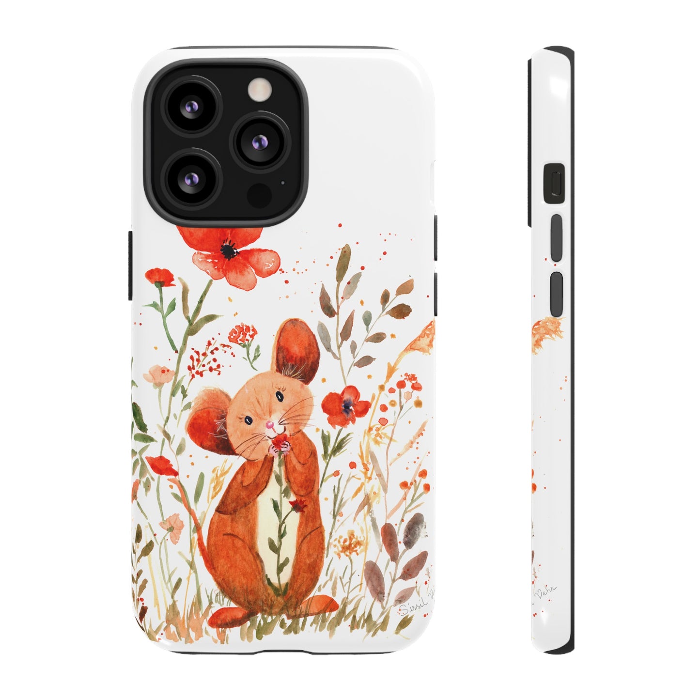 Coque téléphone robuste et résistante aux chocs  : Petite souris au milieu de fleurs