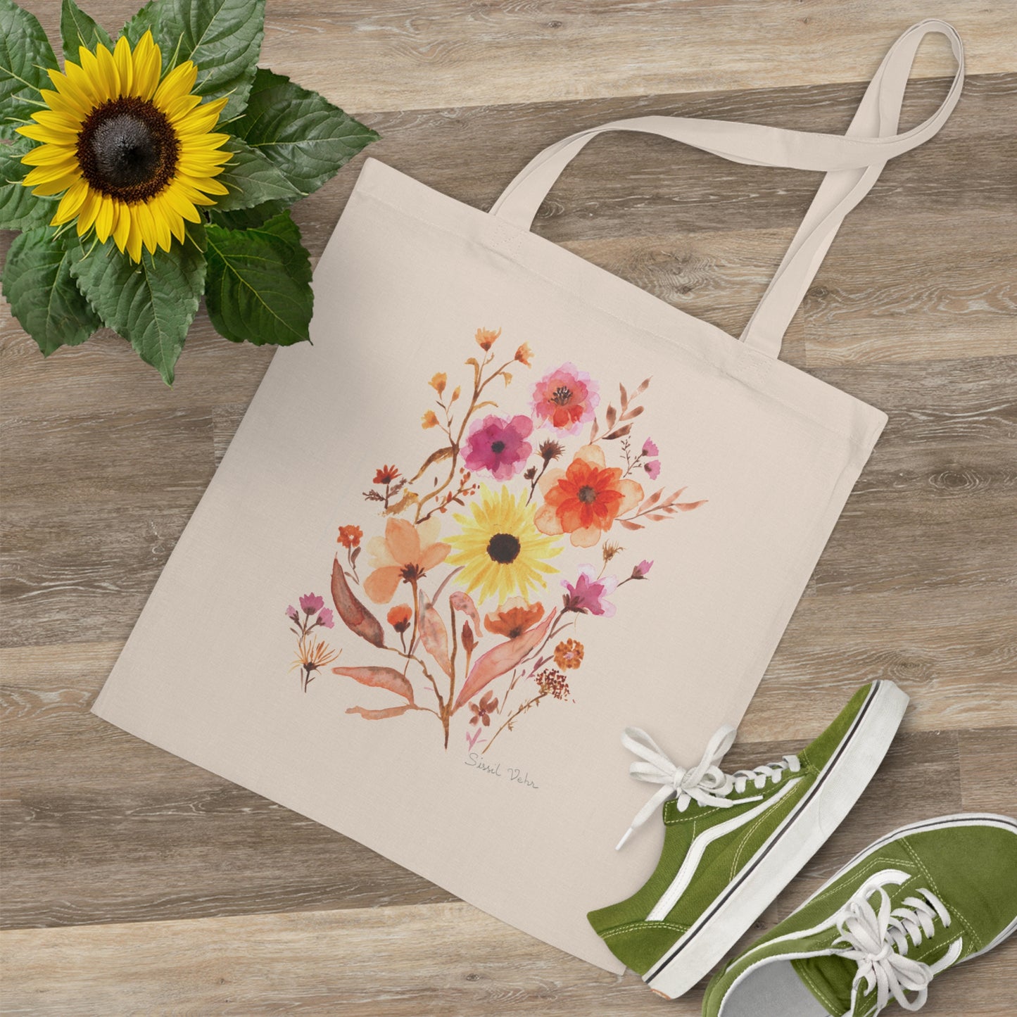 Tote Bag Sac 100% coton  :  Aquarelle Bouquet de fleurs