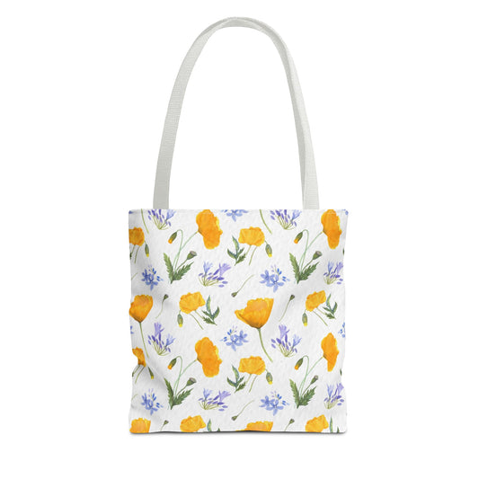 Pretty tote bag / Tote bag with California poppy flower pattern and watercolor agapanthus
