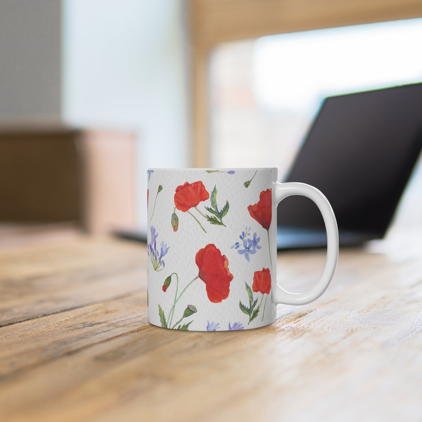 Pretty floral mug with hand-painted watercolor poppies and agapanthus