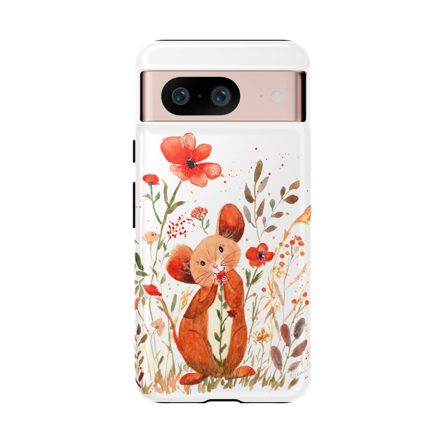 Coque téléphone robuste et résistante aux chocs  : Petite souris au milieu de fleurs