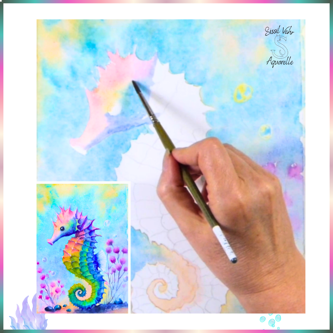 Cours Aquarelle Vidéo Téléchargeable : Peinture d’un Hippocampe Coloré | 4h47mn de Tutoriel + PDF