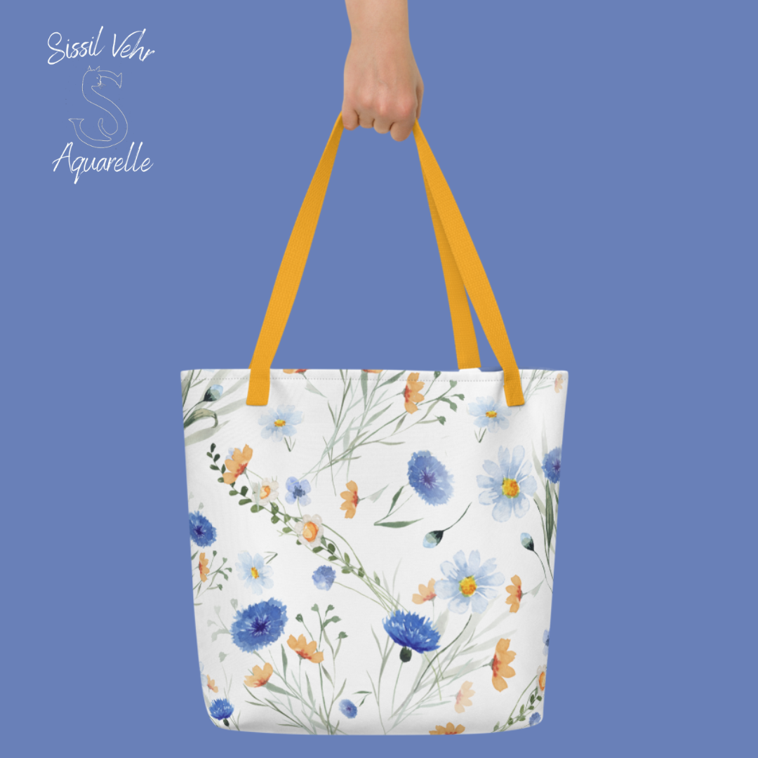 Sac de Plage Personnalisé  |Tote bag large | fleurs et bleuets |Polyester