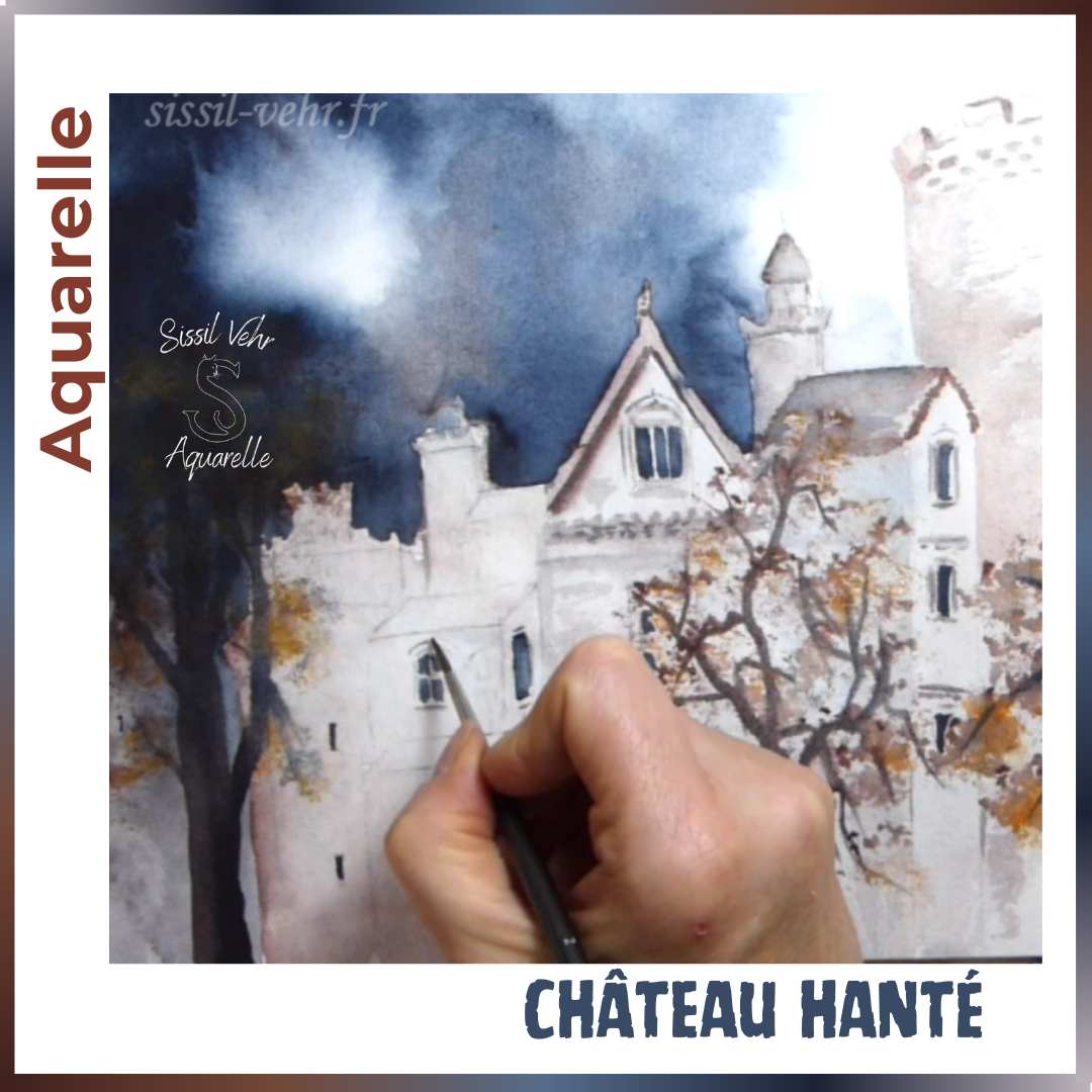 Cours Vidéo Aquarelle  Pas à Pas : Château Hanté |Tutoriel vidéo de 1h37mn - Carnet PDF Inclus |Vidéos d'aquarelle en ligne