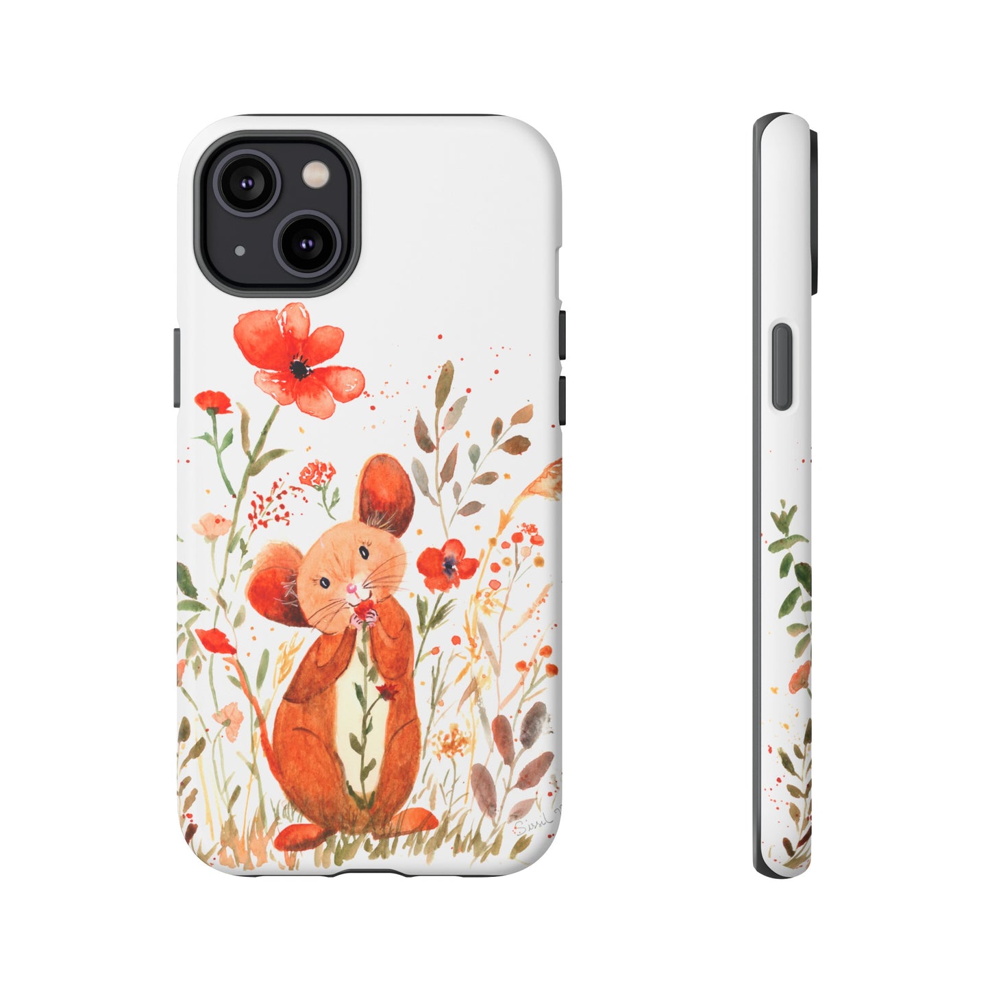 Coque téléphone robuste et résistante aux chocs  : Petite souris au milieu de fleurs