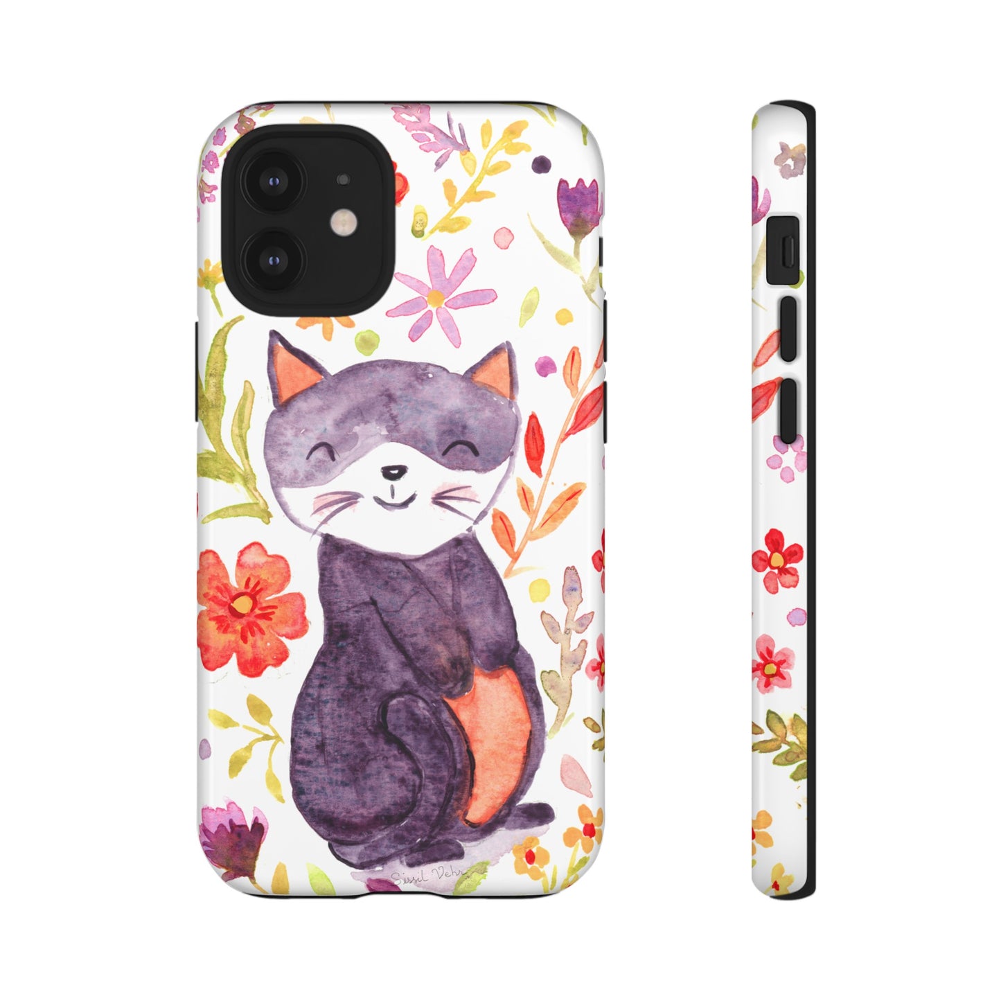 Robust and shock-resistant phone case Watercolor: Floral cat