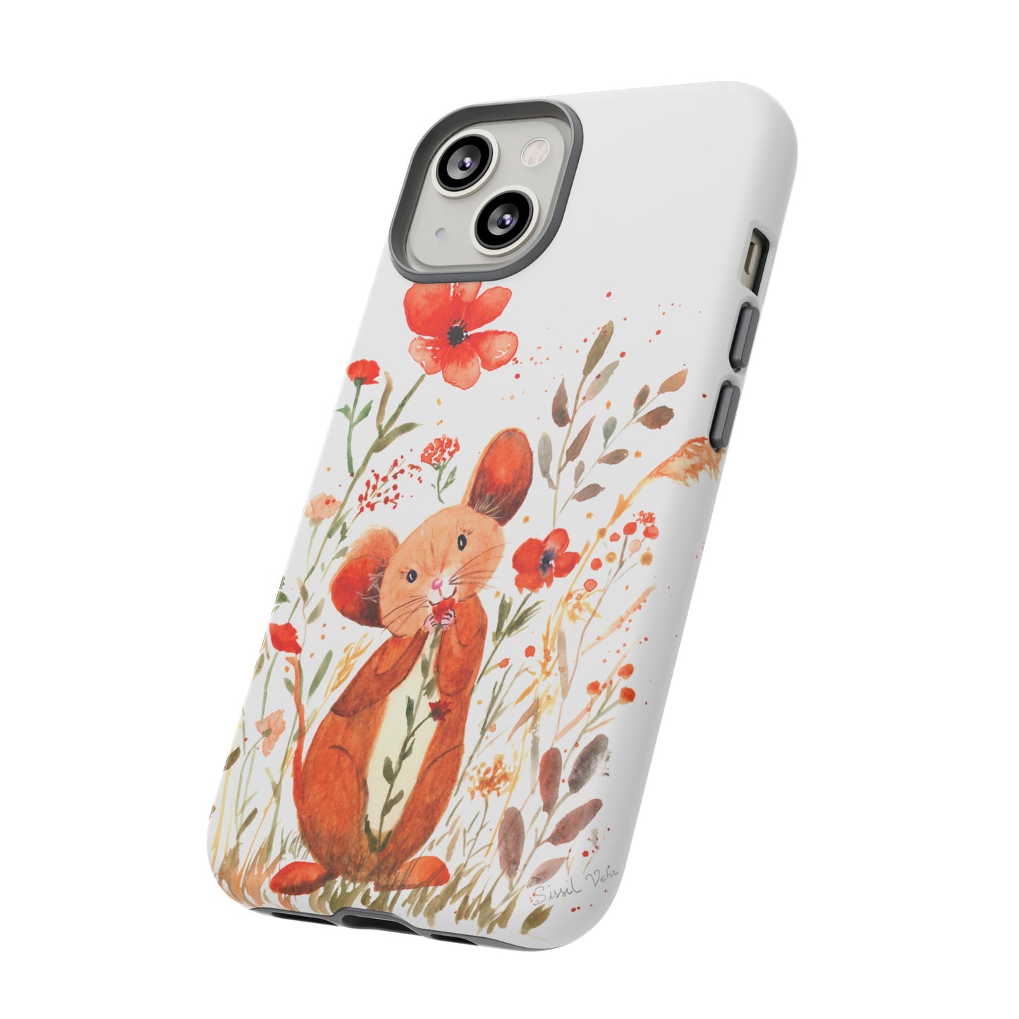 Coque téléphone robuste et résistante aux chocs  : Petite souris au milieu de fleurs