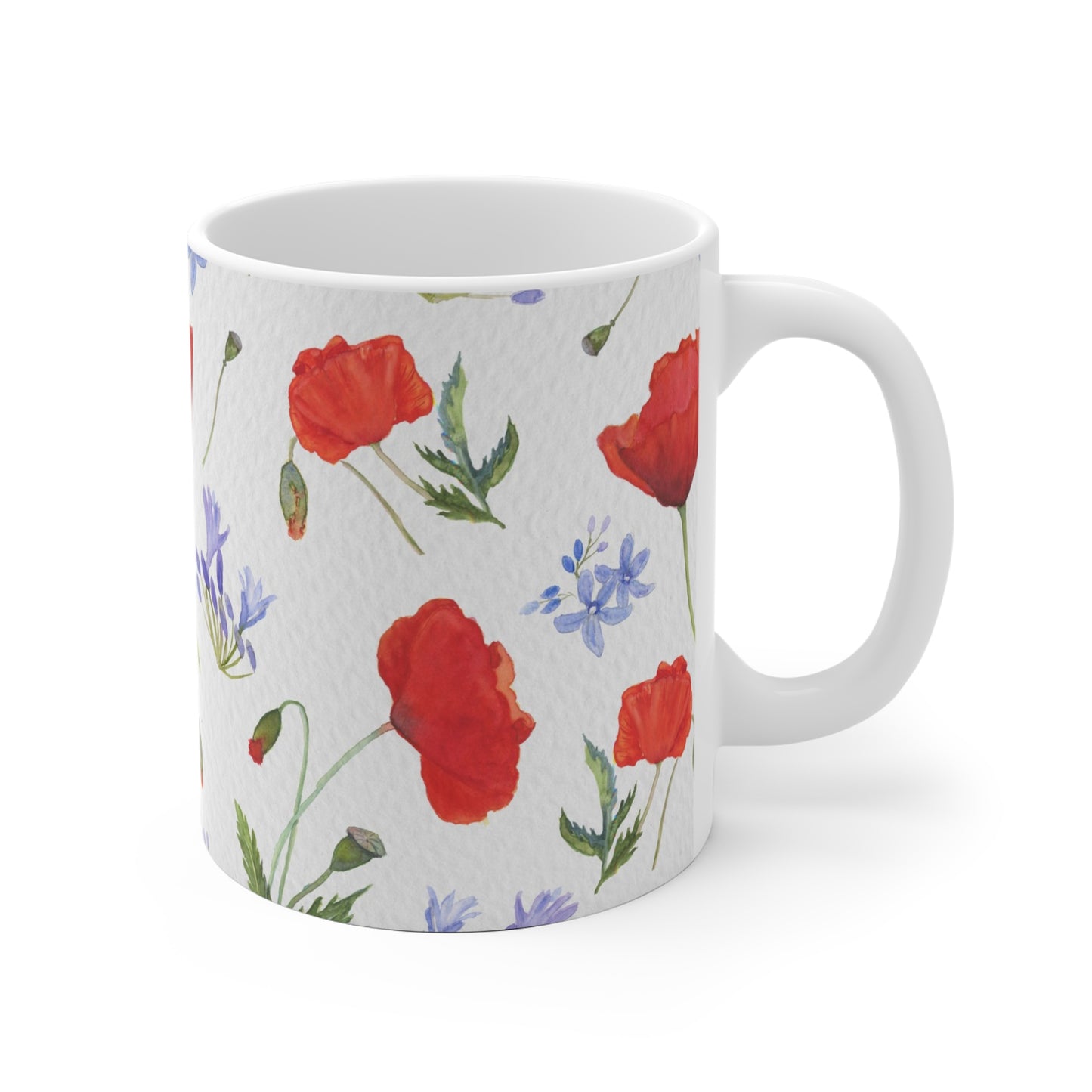 Pretty floral mug with hand-painted watercolor poppies and agapanthus