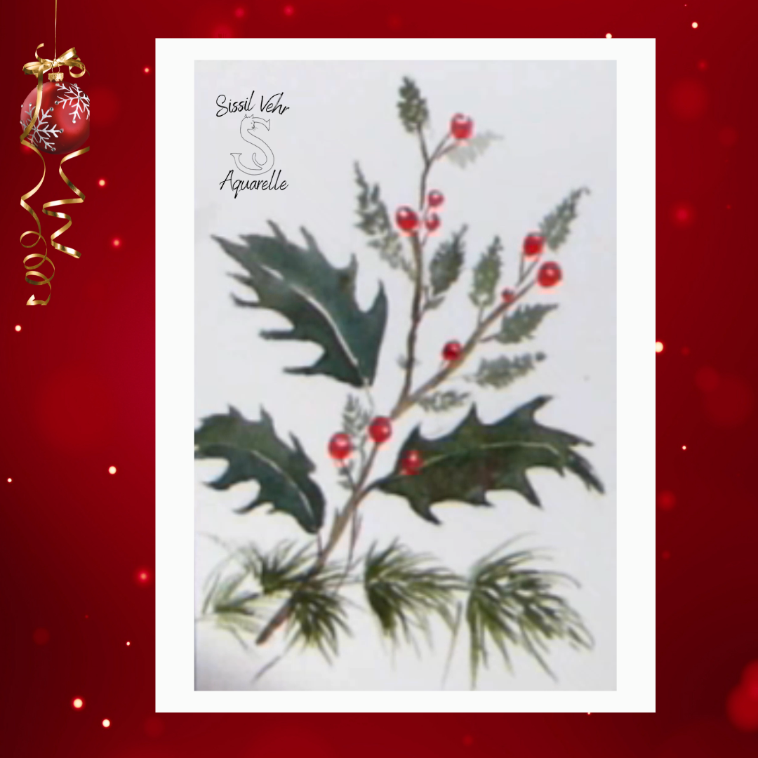 Aquarelle de Noël branche de houx avec feuilles vertes profondes et baies rouges lumineuses. Carte de vœux botanique élégante.