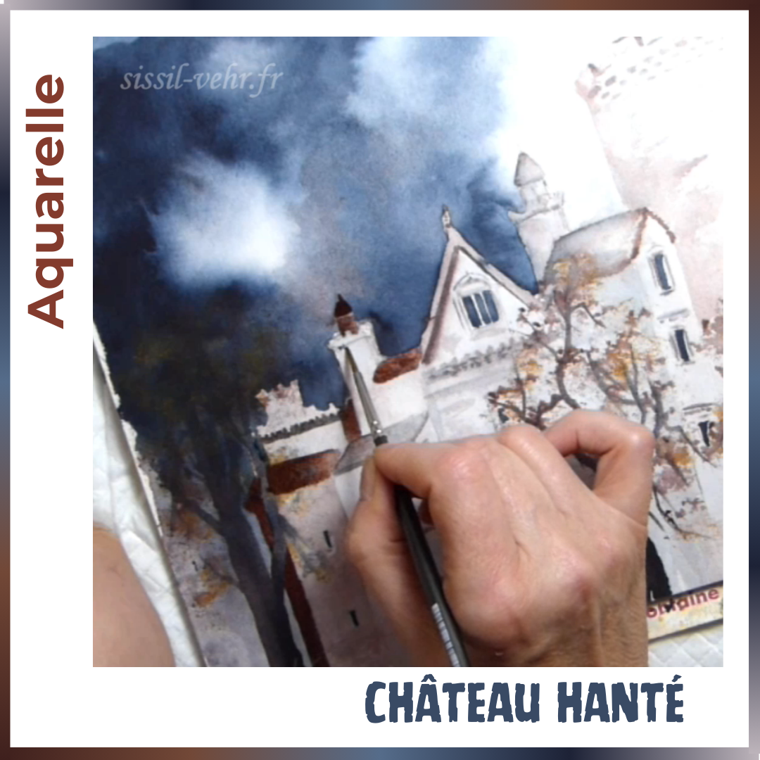 Cours Vidéo Aquarelle  Pas à Pas : Château Hanté |Tutoriel vidéo de 1h37mn - Carnet PDF Inclus |Vidéos d'aquarelle en ligne