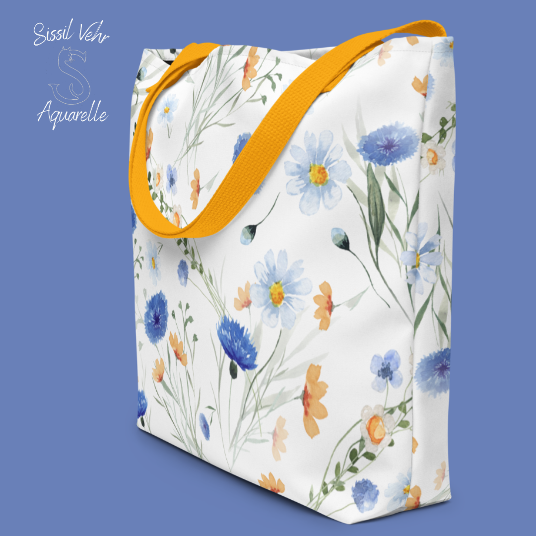 Sac de Plage Personnalisé  |Tote bag large | fleurs et bleuets |Polyester