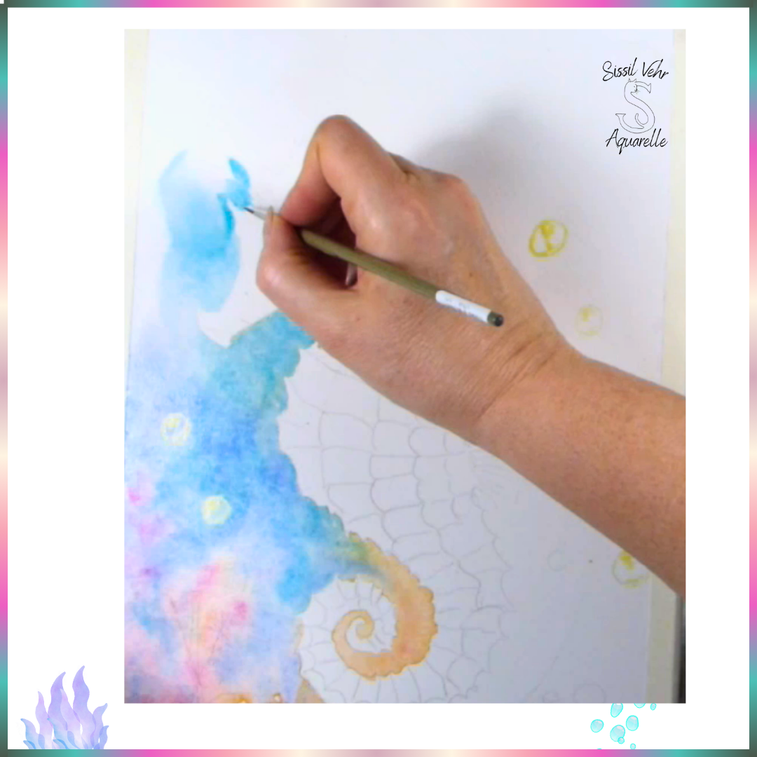 Cours Aquarelle Vidéo Téléchargeable : Peinture d’un Hippocampe Coloré | 4h47mn de Tutoriel + PDF