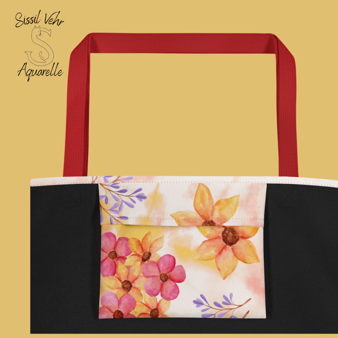 Sac de plage personnalisable en polyester - Grande taille avec impression de fleurs