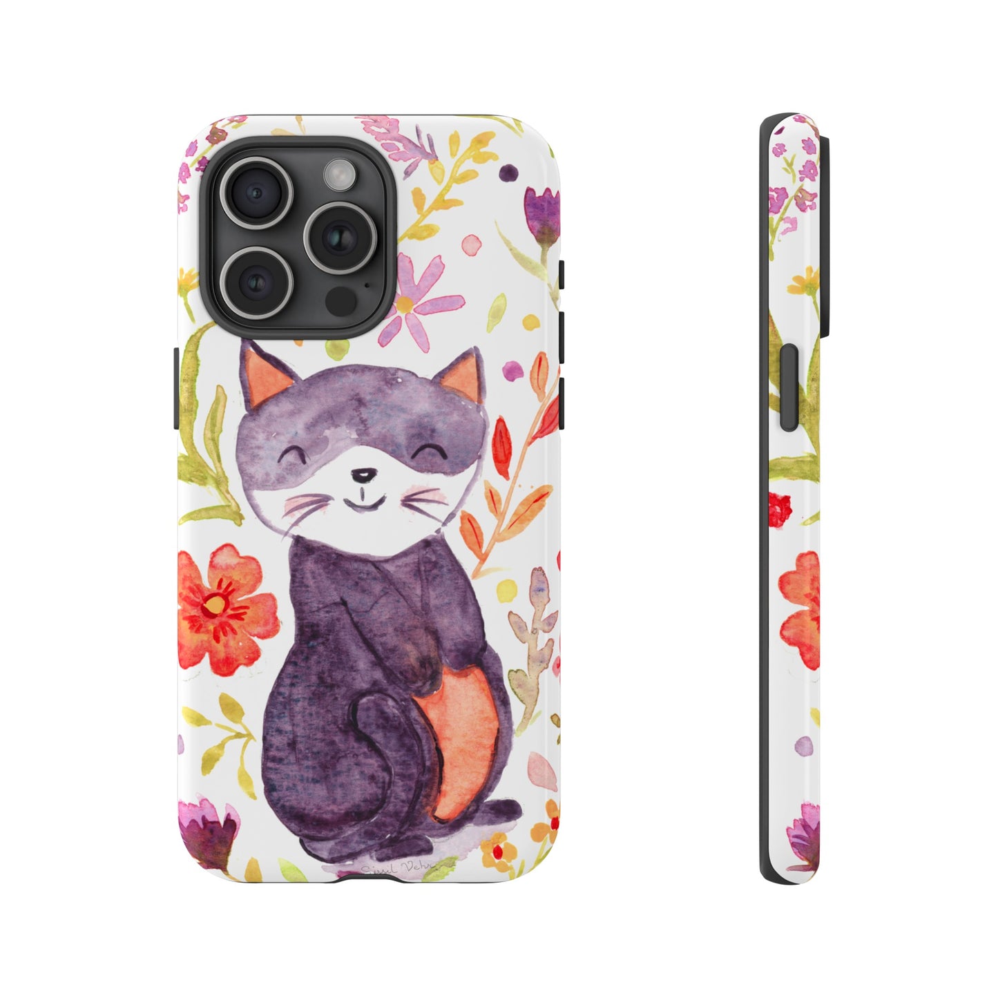 Robust and shock-resistant phone case Watercolor: Floral cat