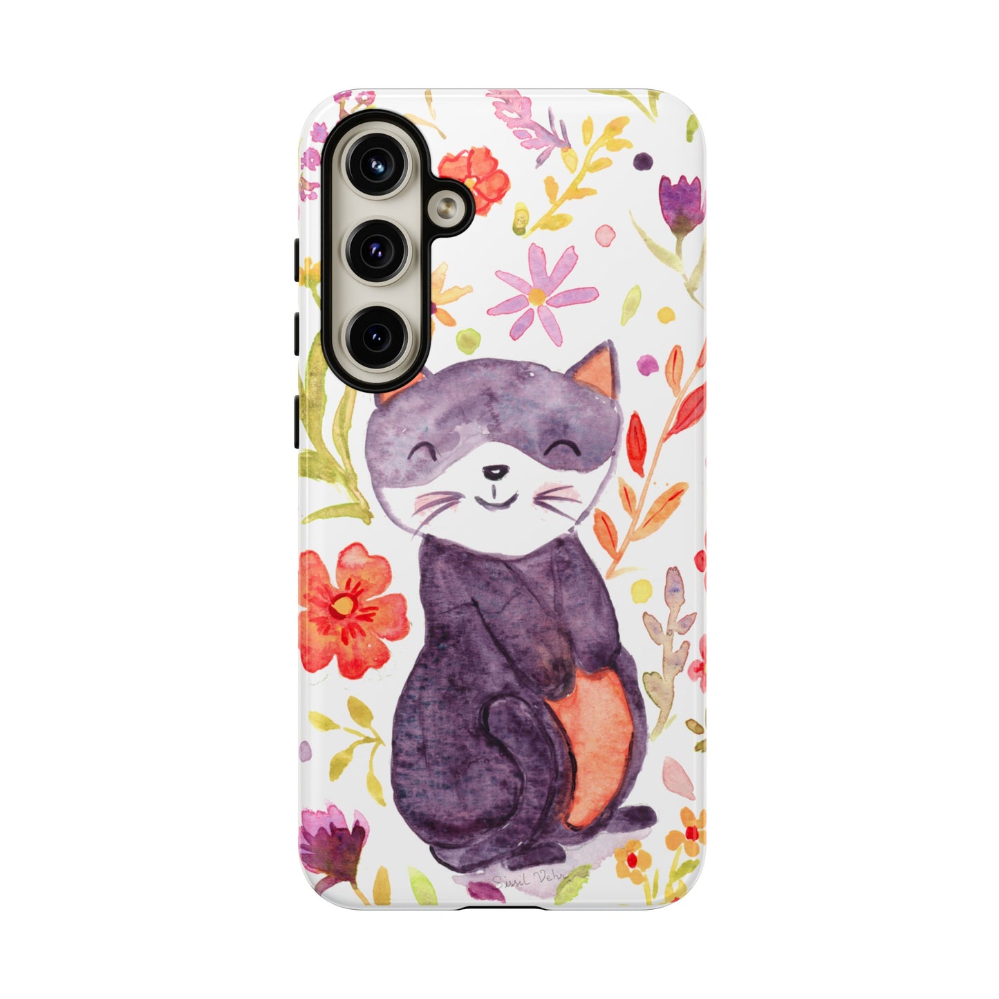 Robust and shock-resistant phone case Watercolor: Floral cat