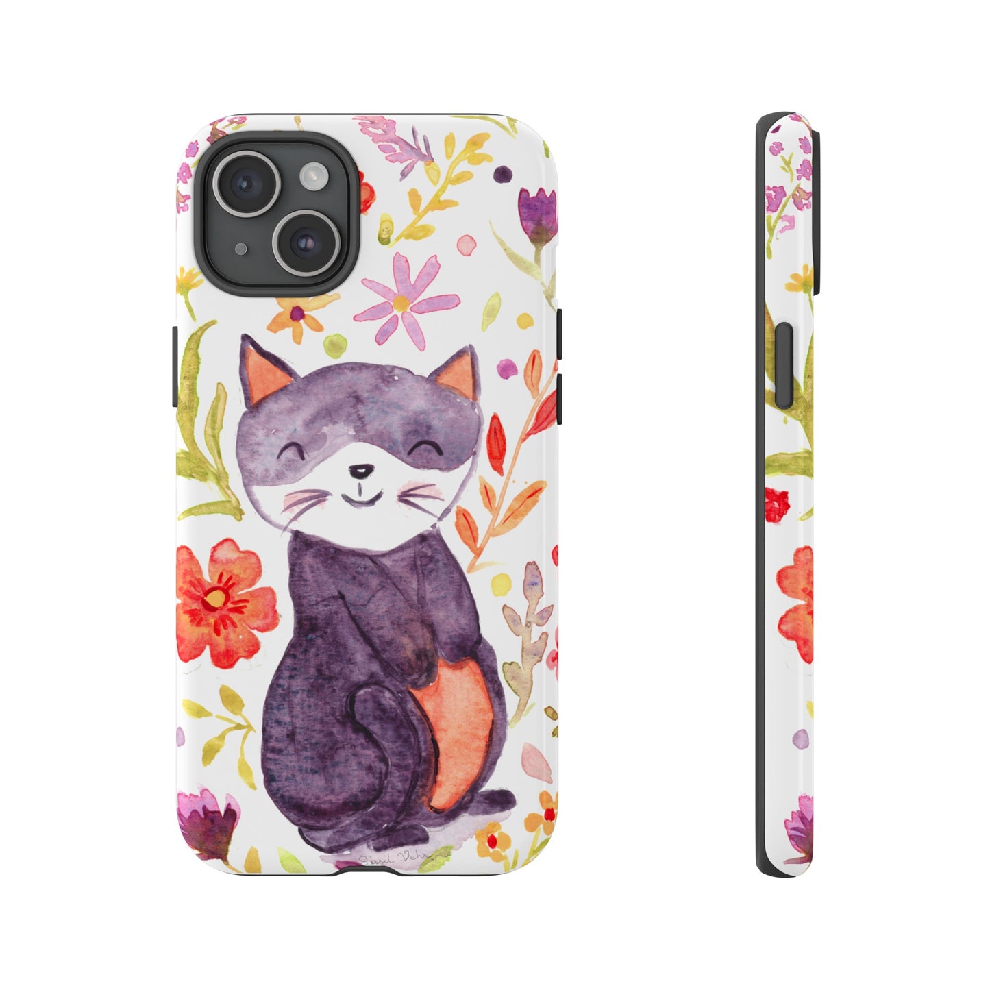 Robust and shock-resistant phone case Watercolor: Floral cat