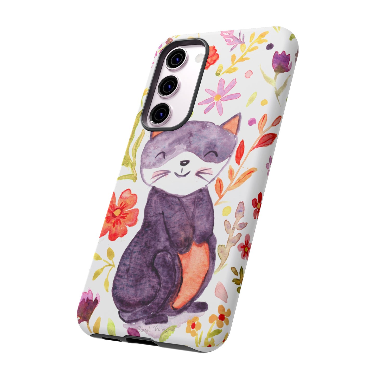 Robust and shock-resistant phone case Watercolor: Floral cat