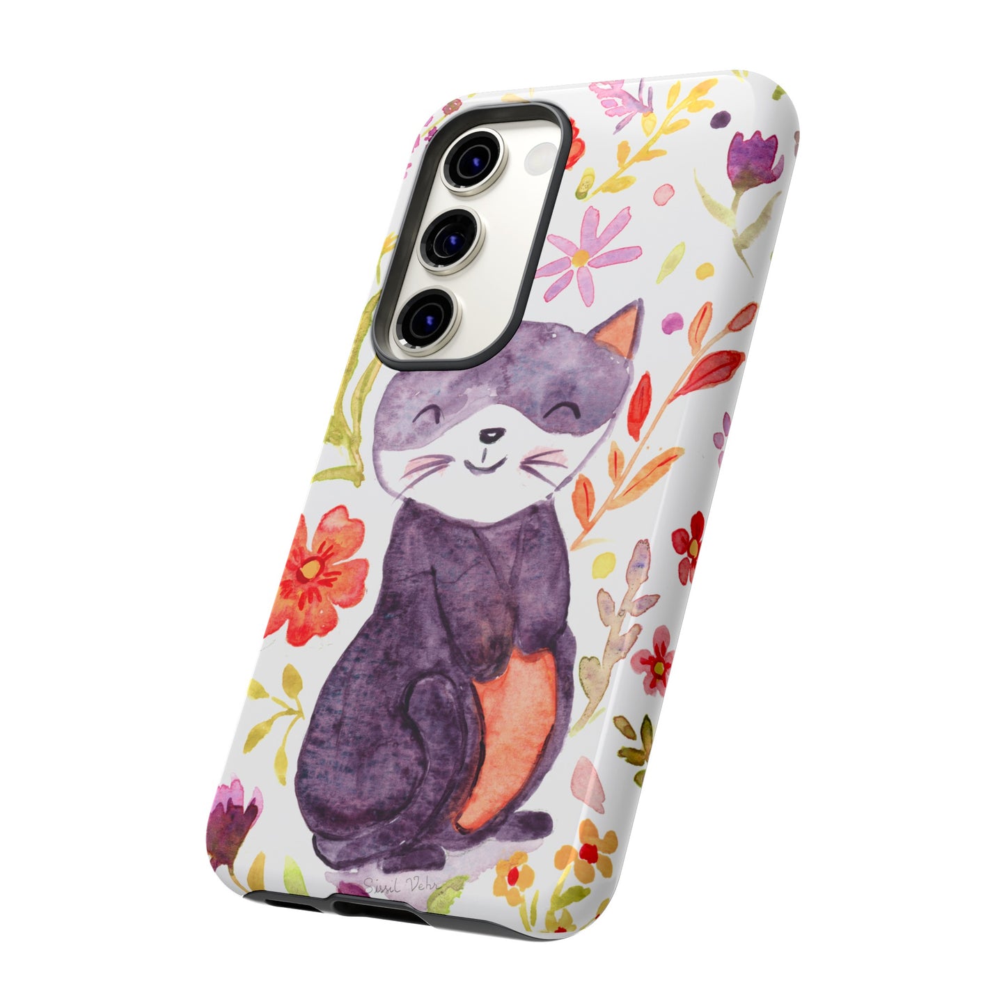 Robust and shock-resistant phone case Watercolor: Floral cat