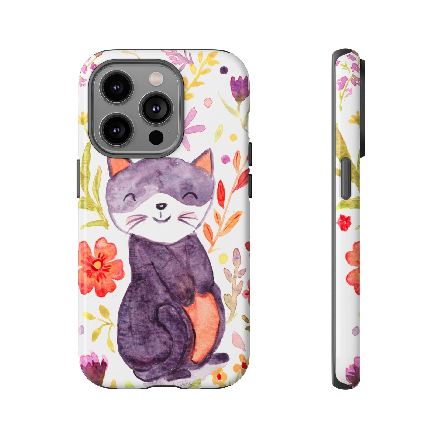 Robust and shock-resistant phone case Watercolor: Floral cat