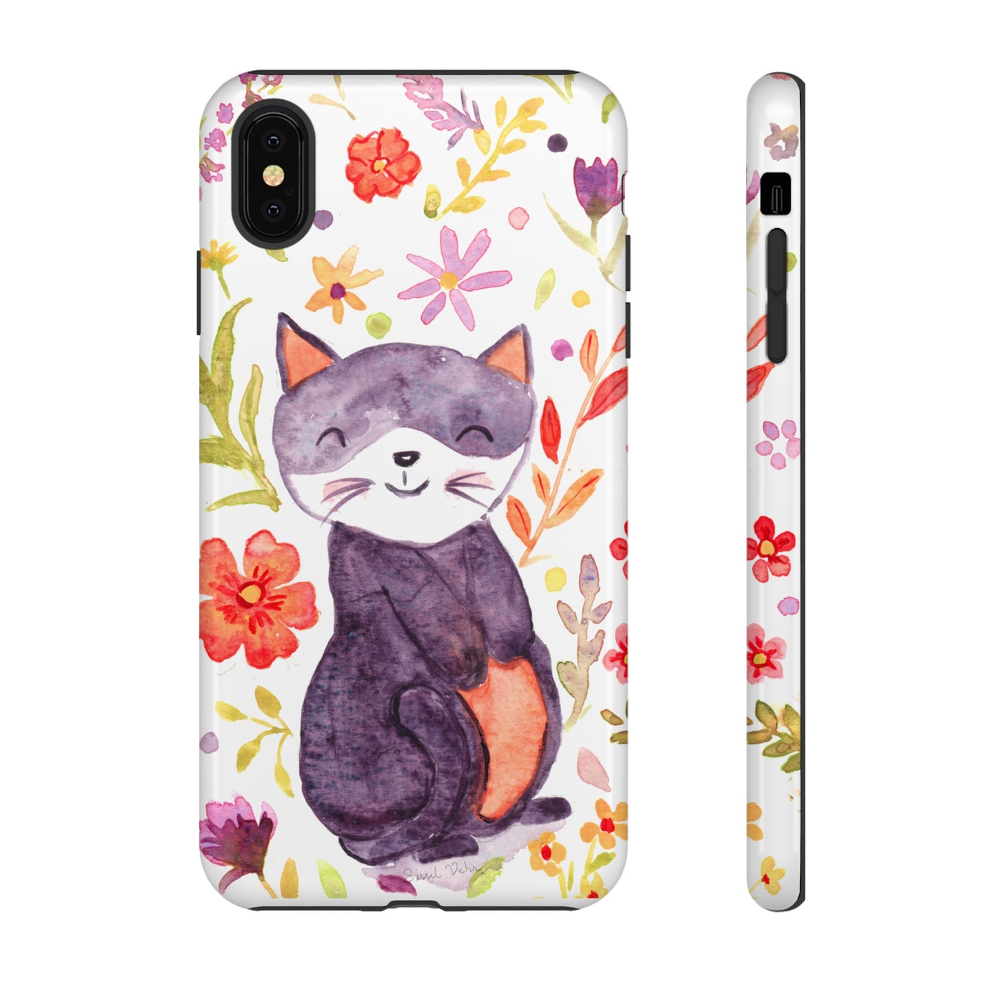 Robust and shock-resistant phone case Watercolor: Floral cat