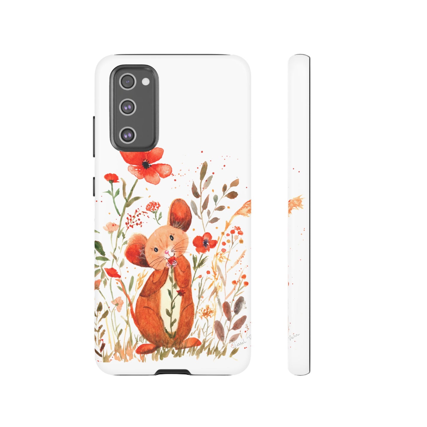 Coque téléphone robuste et résistante aux chocs  : Petite souris au milieu de fleurs