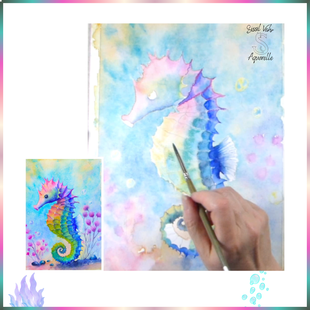 Cours Aquarelle Vidéo Téléchargeable : Peinture d’un Hippocampe Coloré | 4h47mn de Tutoriel + PDF