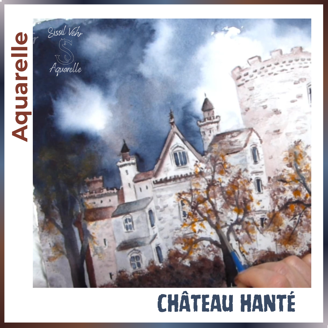 Cours Vidéo Aquarelle  Pas à Pas : Château Hanté |Tutoriel vidéo de 1h37mn - Carnet PDF Inclus |Vidéos d'aquarelle en ligne