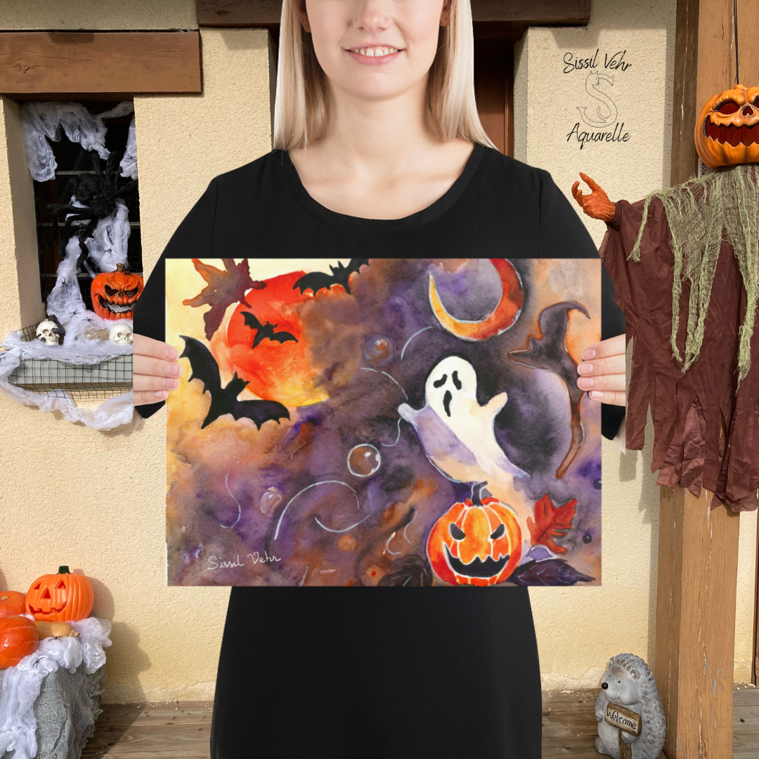 Affiche Aquarelle Halloween - Fantôme et Citrouille | Illustration Originale - Décor Automne