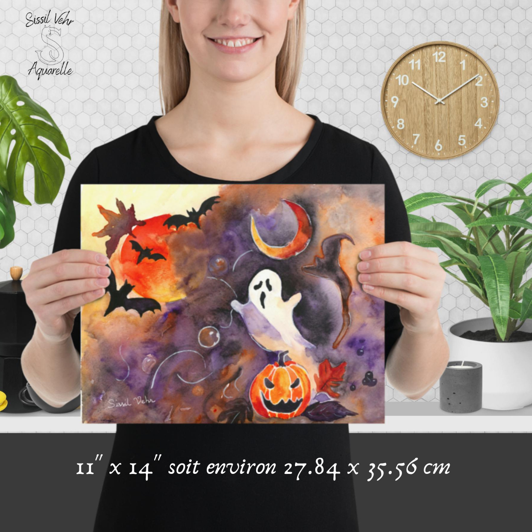 Affiche Aquarelle Halloween - Fantôme et Citrouille | Illustration Originale - Décor Automne