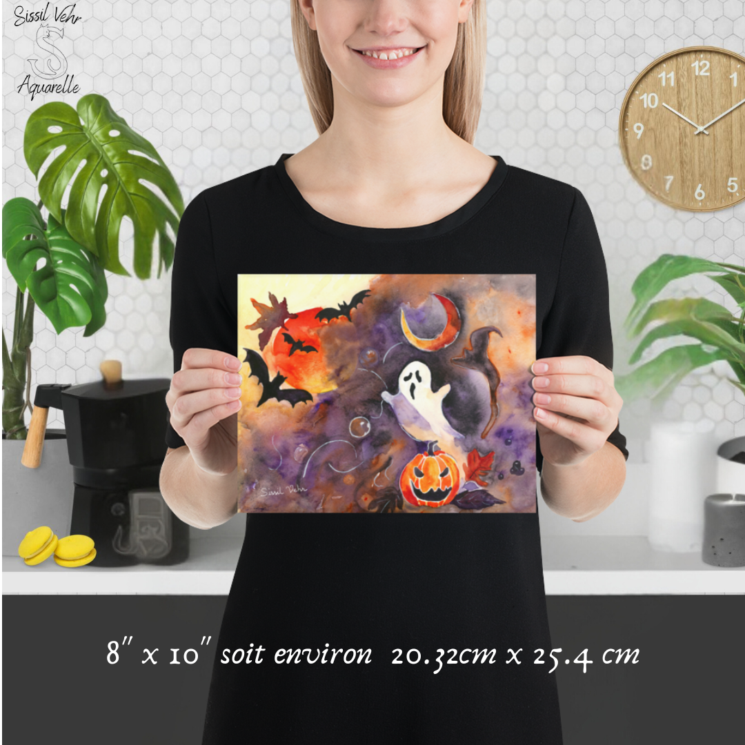 Affiche Aquarelle Halloween - Fantôme et Citrouille | Illustration Originale - Décor Automne