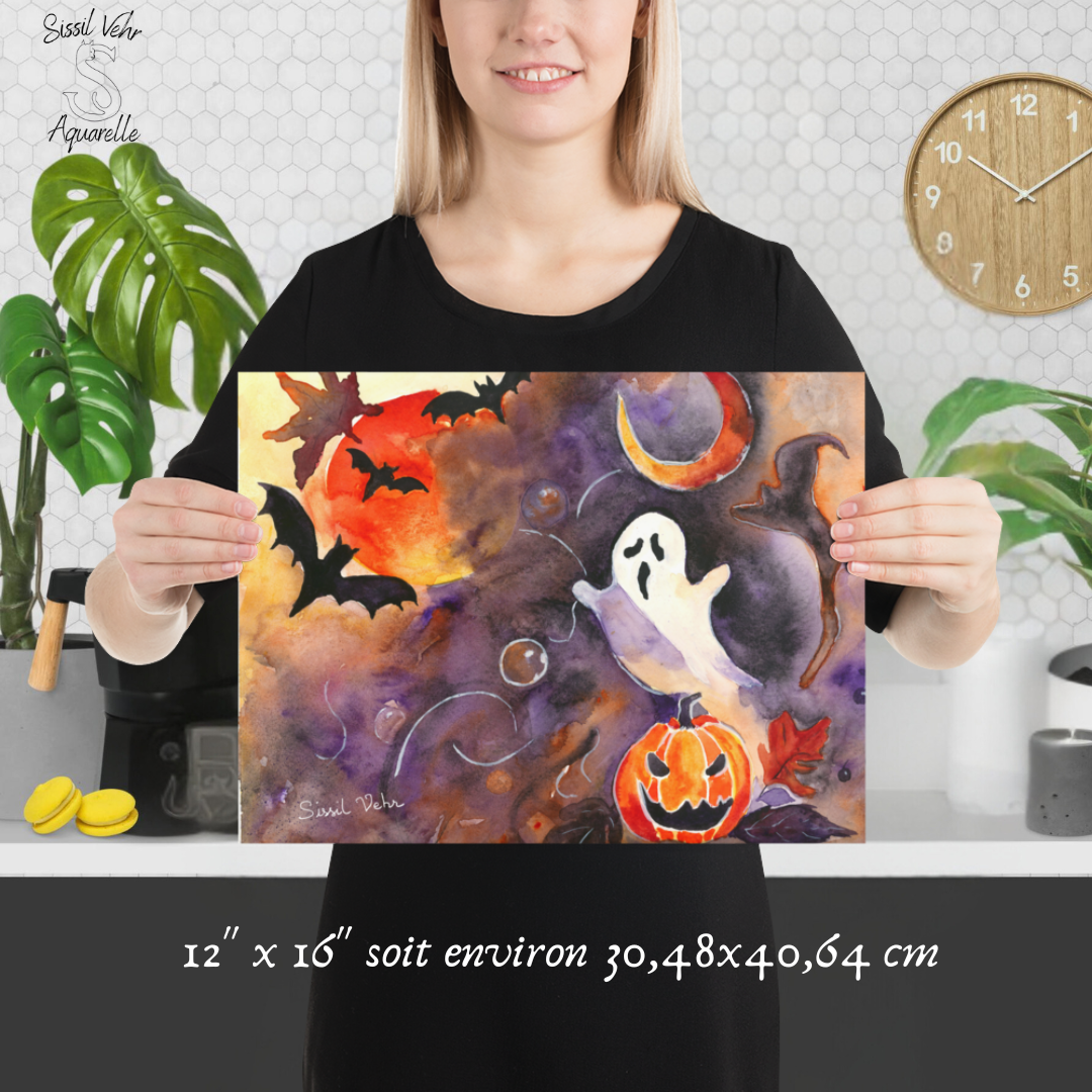 Affiche Aquarelle Halloween - Fantôme et Citrouille | Illustration Originale - Décor Automne