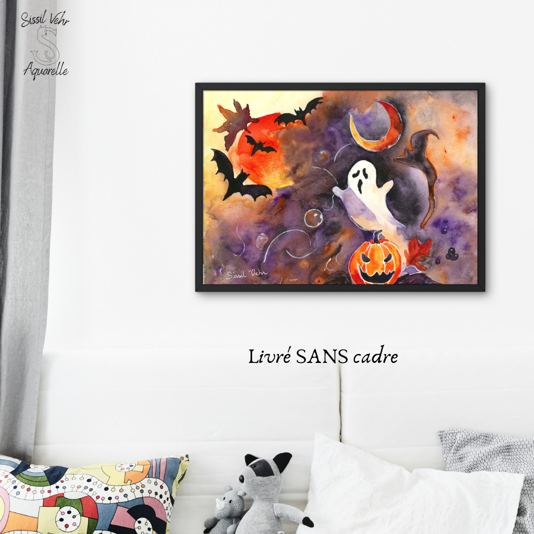 Affiche Aquarelle Halloween - Fantôme et Citrouille | Illustration Originale - Décor Automne